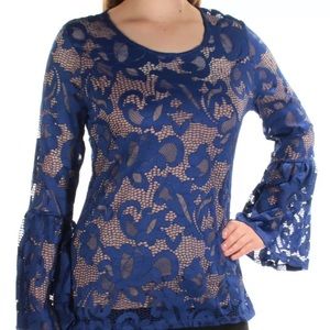 INC Womens Blue Lace Bell Sleeve Scoop Neck Top S